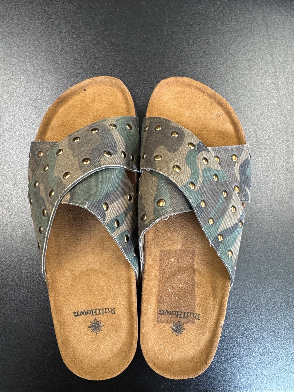 Ruff Hewn Camouflage Studded Crisscross Slide Sandals - Olive & Brown